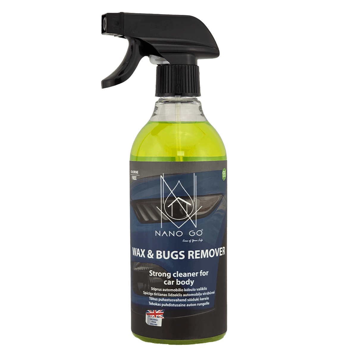 NANO GO Wax and Bugs Remover удалитель воска 750 мл NANO GO Wax and Bugs Remover средство для удаления воска и насекомых 750 мл прозрачный флакон с жёлто-зелёной жидкостью