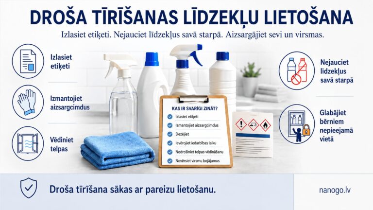 Drošas tīrīšanas līdzekļu lietošanas norādījumi: izlasīt etiķeti, izmantot aizsargcimdus, vēdināt telpas, nejaukt līdzekļus un glabāt bērniem nepieejamā vietā