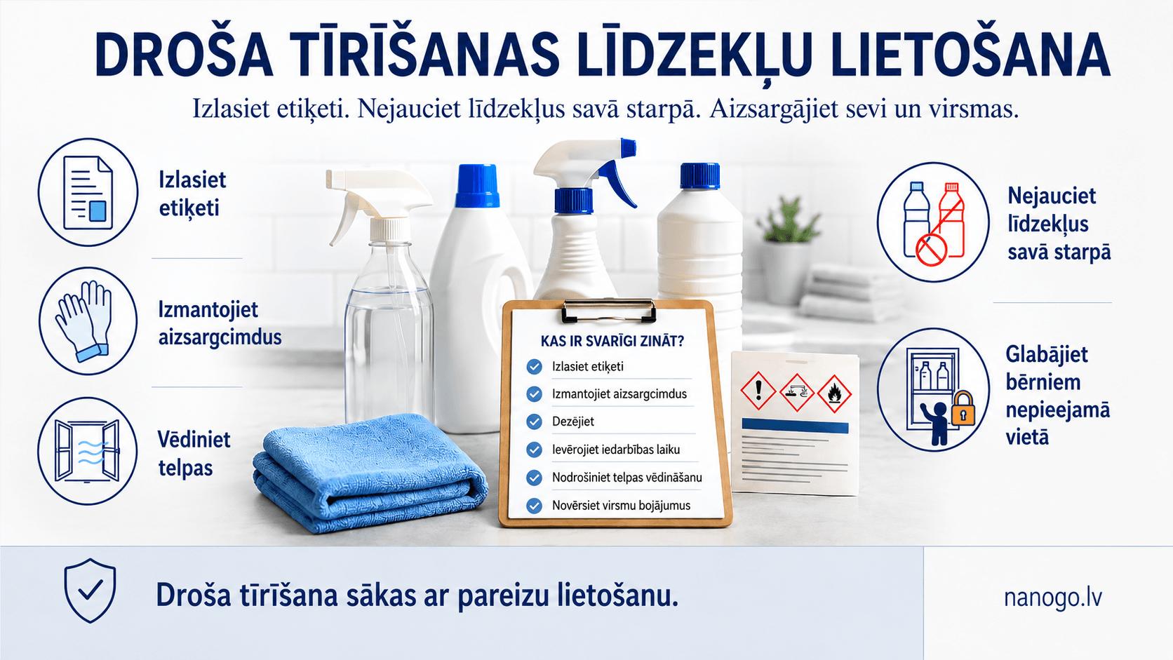 Drošas tīrīšanas līdzekļu lietošanas norādījumi: izlasīt etiķeti, izmantot aizsargcimdus, vēdināt telpas, nejaukt līdzekļus un glabāt bērniem nepieejamā vietā