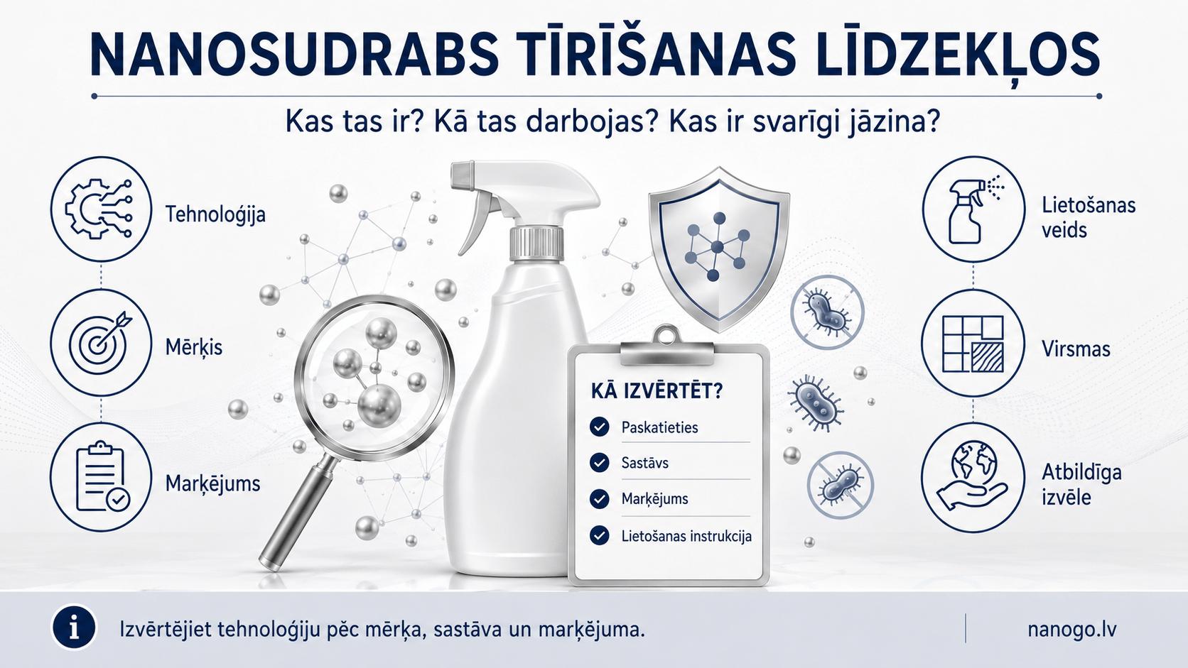 Informatīva ilustrācija par nanosudrabu tīrīšanas līdzekļos, tā tehnoloģiju, mērķi, sastāvu, marķējumu un lietošanu
