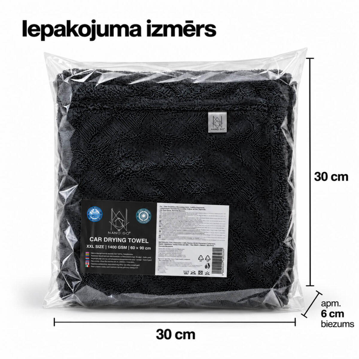 NANO GO XXL Car Drying Towel | Original Packaging NANO GO XXL car drying towel in its original transparent packaging with product label