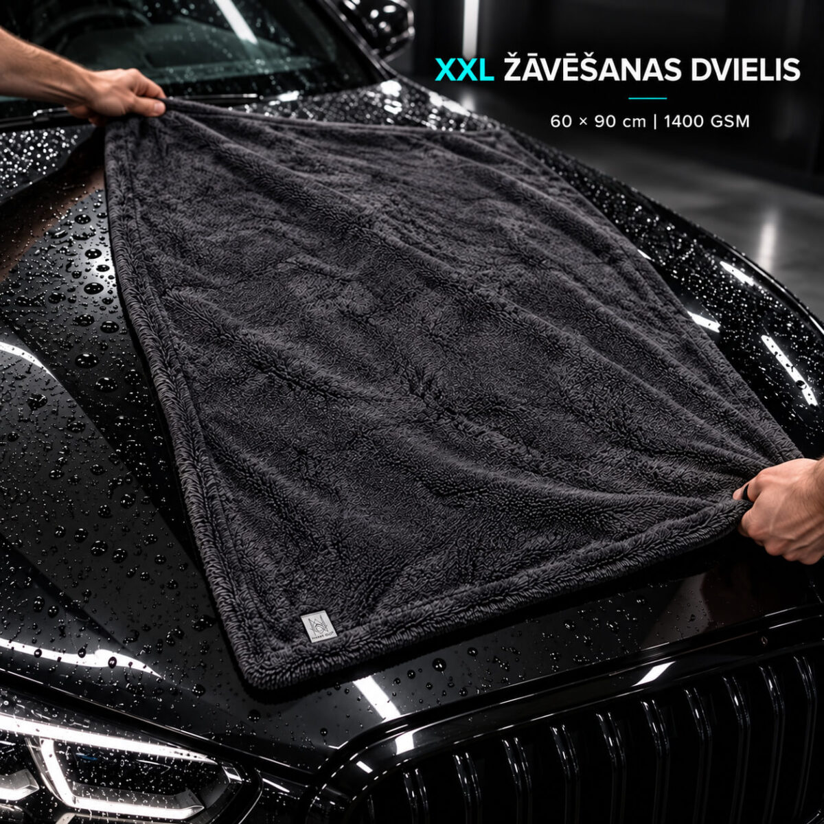 NANO GO XXL Car Drying Towel | In Use NANO GO XXL microfiber drying towel spread across the bonnet of a black car