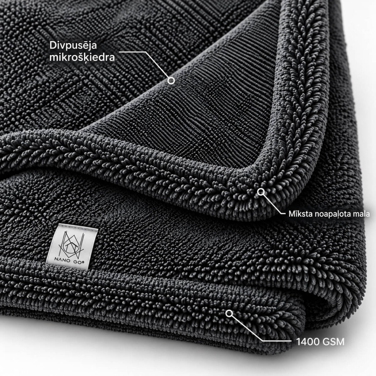 NANO GO XXL Towel | Double-Sided Twisted-Loop Microfiber Close-up of NANO GO car drying towel showing its double-sided twisted-loop microfiber structure