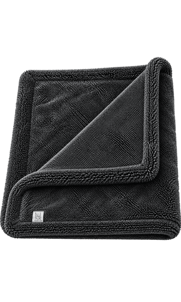 Folded dark grey NANO GO XXL microfiber car drying towel with twisted-loop texture